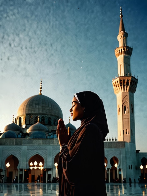 uma mulher reza na frente de uma mesquita com uma grande cúpula azul ao fundo