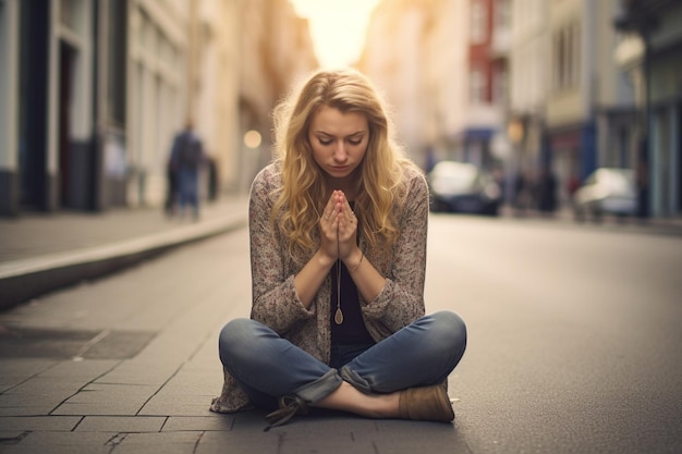 Foto uma mulher reza na rua com as mãos juntas em oração.