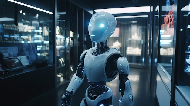 Uma mulher robô humanoide inteligente a trabalhar na indústria farmacêutica.