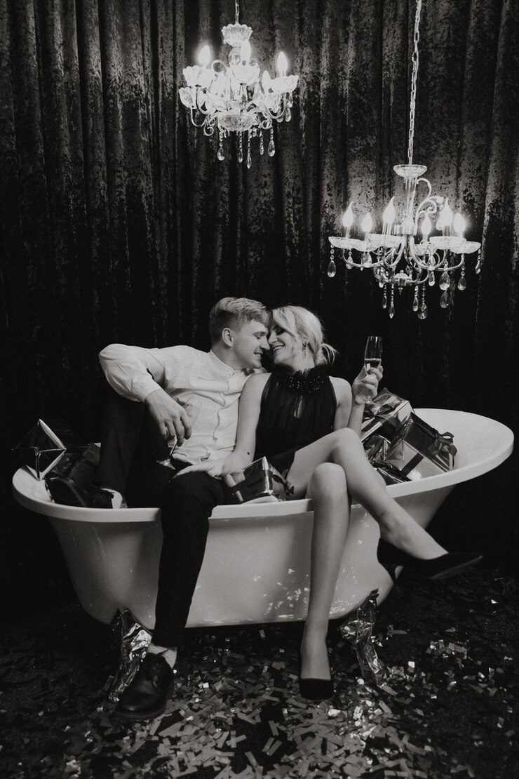 Foto uma mulher romântica está deitada no banheiro com presentes de ano novo seu marido está de pé ao lado dela com copos de champanhe feliz natal foto em preto e branco com ruídos artísticos