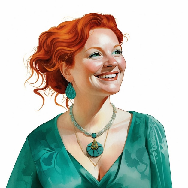 uma mulher ruiva está sorrindo e usando um vestido verde.