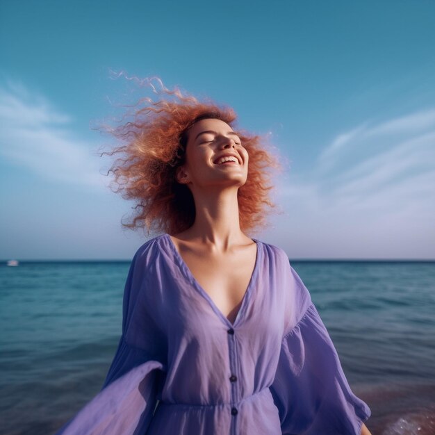 uma mulher ruiva está sorrindo na praia