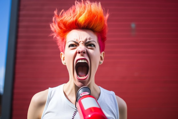 uma mulher ruiva gritando em um microfone