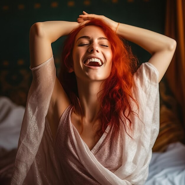 uma mulher ruiva sorrindo e rindo