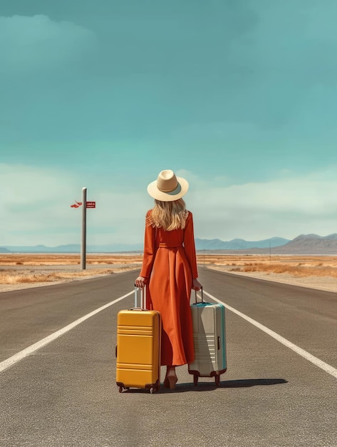 Foto uma mulher sai do aeroporto com uma mala grande