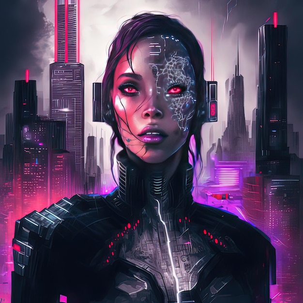 Uma mulher scifi cyborg Scifi samurai cyborg girl Uma jovem em um traje blindado futurista no contexto de uma cidade noturna renderização em 3D Pintura de ilustração de estilo de arte digital
