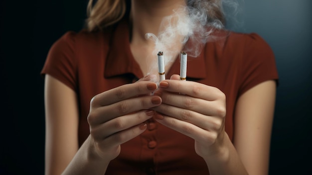 Uma mulher se posiciona recusando cigarros por uma vida mais saudável