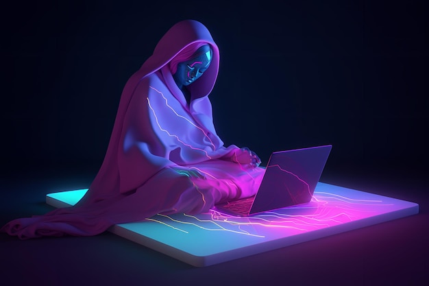 Uma mulher se senta em frente a um letreiro de néon que diz 'crime cibernético'