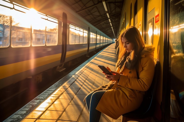 Uma mulher se senta em um banco na frente de um trem com o sol brilhando em seu rosto