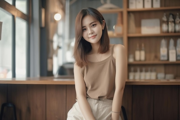 Uma mulher se senta em um café e sorri para a câmera.