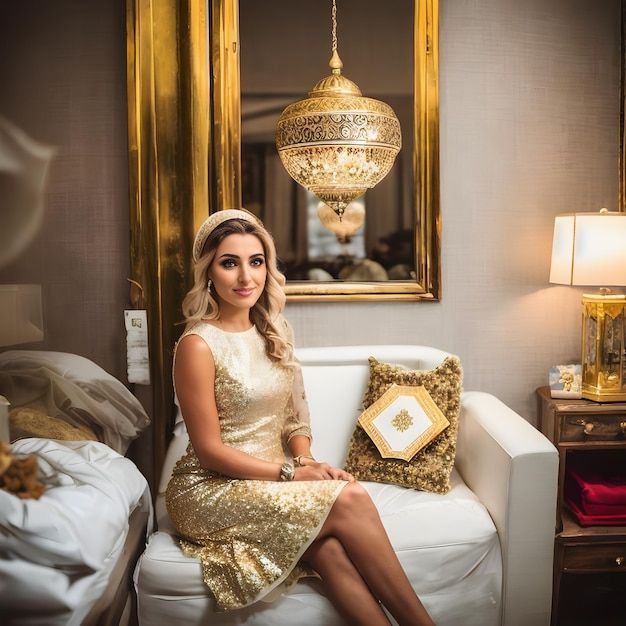 Uma mulher se senta em um sofá branco com um vestido dourado e se senta em um sofá branco.
