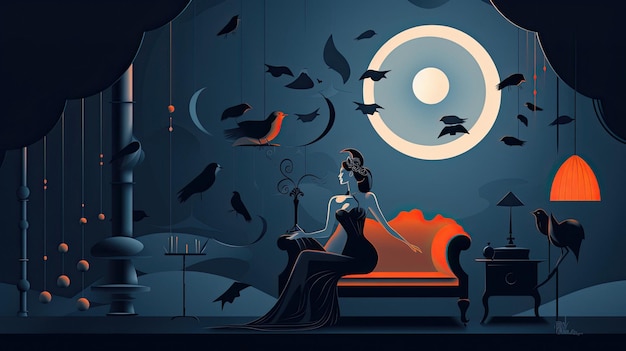 uma mulher se senta em um sofá e olha para a lua.