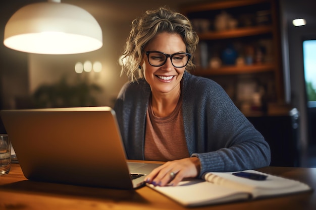 Uma mulher se senta em uma mesa com um laptop e olha para uma tela que diz 'sou freelancer'