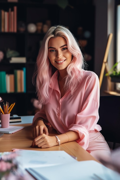 Uma mulher se senta em uma mesa em frente a uma estante e sorri para a câmera.