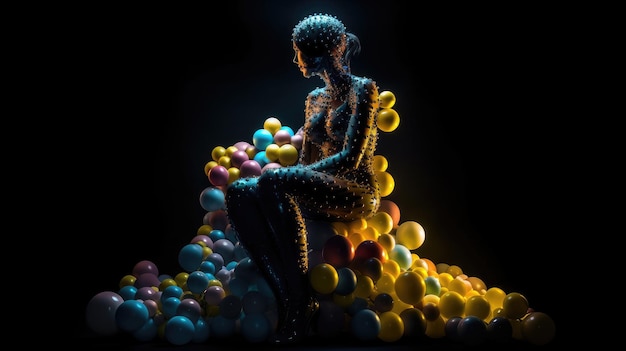 Uma mulher se senta em uma pilha de balões no escuro.