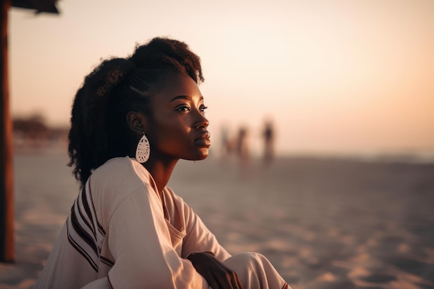 Uma mulher se senta em uma praia olhando o pôr do sol