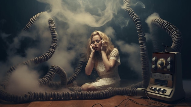 Foto uma mulher se senta em uma sala escura com uma grande máquina que diz 'a palavra' nela '