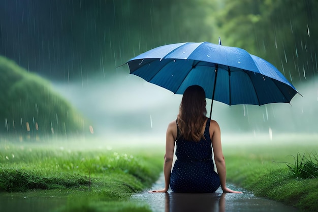 uma mulher se senta na chuva com um guarda-chuva na chuva.