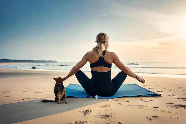 Foto uma mulher se senta na praia com seu cachorro e olha para o mar.