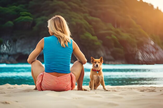 Uma mulher se senta na praia com seu cachorro.