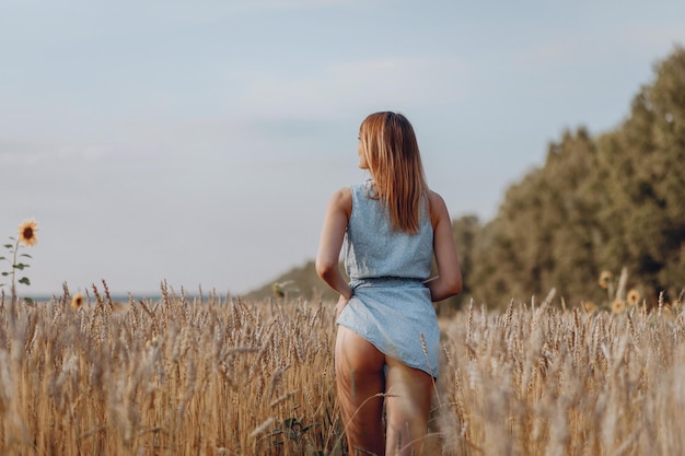 Uma mulher sedutora em um vestido azul de verão fica de costas e posa em um campo de trigo e levanta coquete seu vestido.