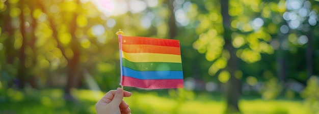 Uma mulher segura a bandeira do arco-íris em sua mão ao ar livre contra grama verde e árvores com um fundo desfocado em uma foto em close de mãos segurando um símbolo de orgulho LGBT com fundo desfocada