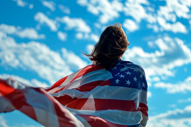 Uma mulher segura a bandeira dos Estados Unidos contra um céu azul que simboliza o Dia da Independência em 4 de julho