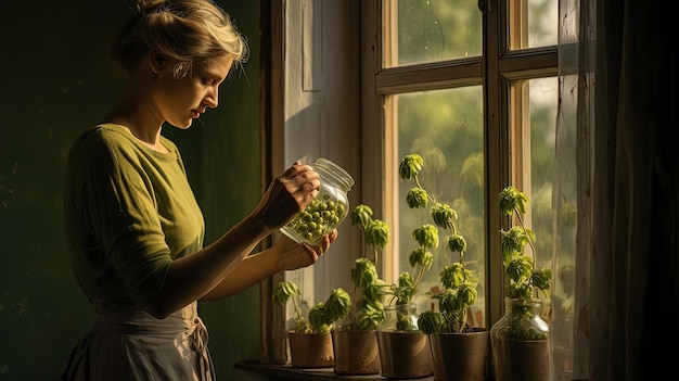 uma mulher segura plantas e sementes no peitoral da janela no estilo de gogos de manjericão