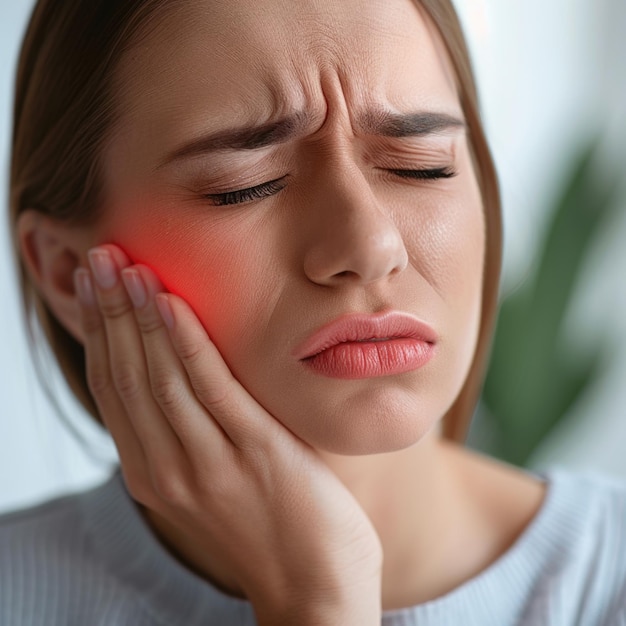 Uma mulher segura sua bochecha enquanto sofre de dor de dente, retratando o desconforto e a dor experimentados durante problemas dentários, enfatizando a necessidade de cuidados e tratamento de saúde bucal