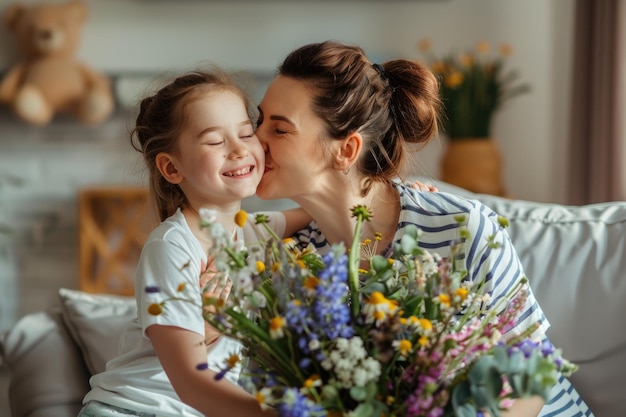 Uma mulher segura ternamente uma menina que alegremente segura um buquê de flores nas mãos