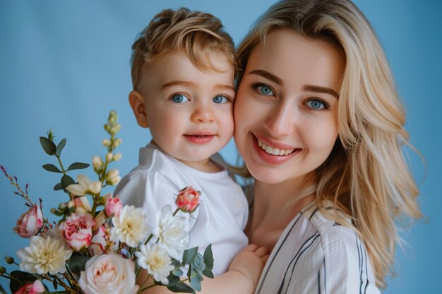 Foto uma mulher segura um bebê e sorri com um buquê de flores