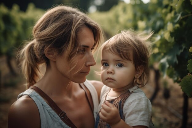 Uma mulher segura um bebê na frente de um vinhedo