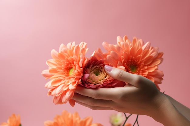 Uma mulher segura um buquê de flores nas mãos.