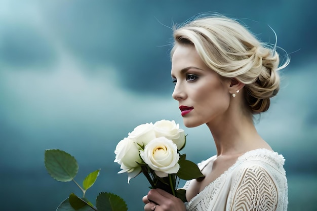 uma mulher segura um buquê de rosas brancas na frente de um céu nublado.
