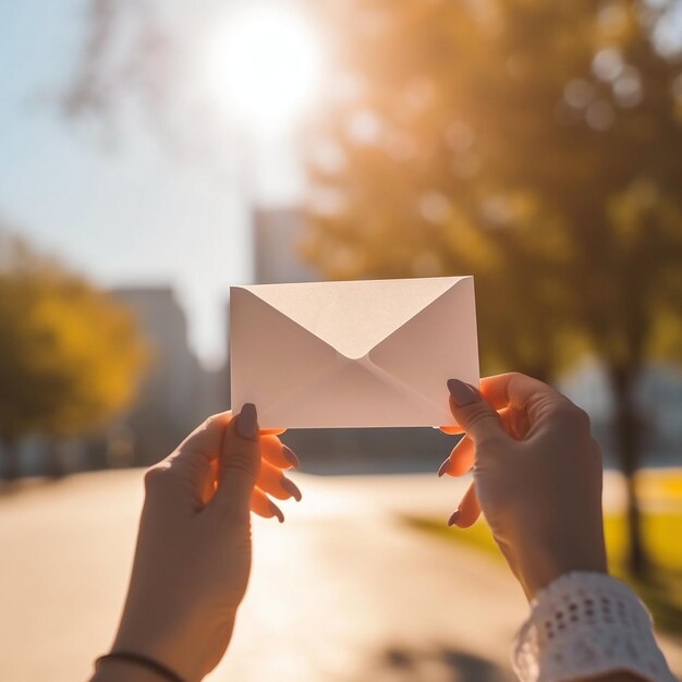 Foto uma mulher segura um envelope que diz carta nas mãos.
