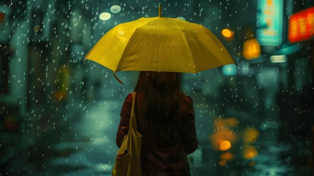 Uma mulher segura um guarda-chuva amarelo no ambiente natural chuvoso