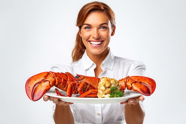 Uma mulher segura um prato de lagostas em um fundo branco