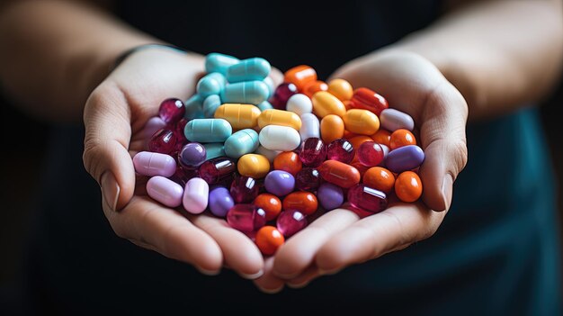 Uma mulher segura um punhado de pílulas multicoloridas em suas palmas Tema de medicina e farmacologia