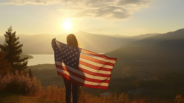 Uma mulher segura uma bandeira americana em frente a uma montanha.