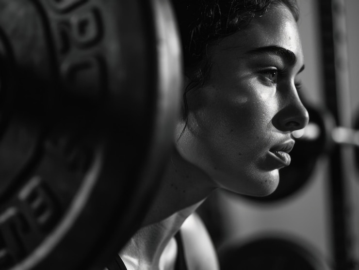 Foto uma mulher segura uma barra em uma foto em preto e branco adequada para temas de fitness ou treinamento de força