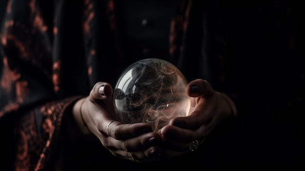 Uma mulher segura uma bola de vidro com a palavra light.