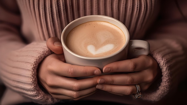 Uma mulher segura uma chávena de café com o coração na mão.