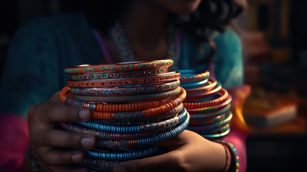 Uma mulher segura uma pilha de pulseiras em uma rua na Índia.