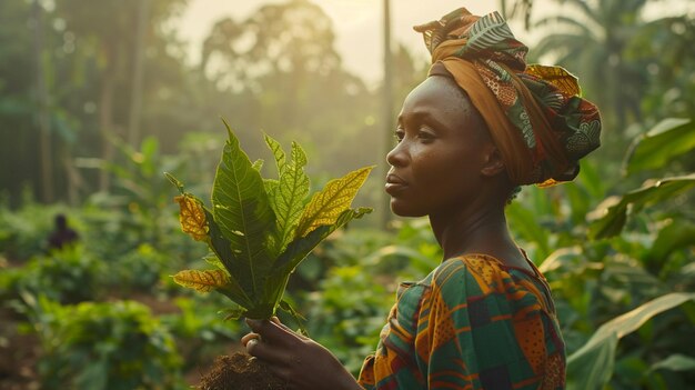 Foto uma mulher segura uma planta nas mãos