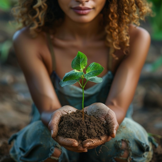 uma mulher segura uma planta nas mãos