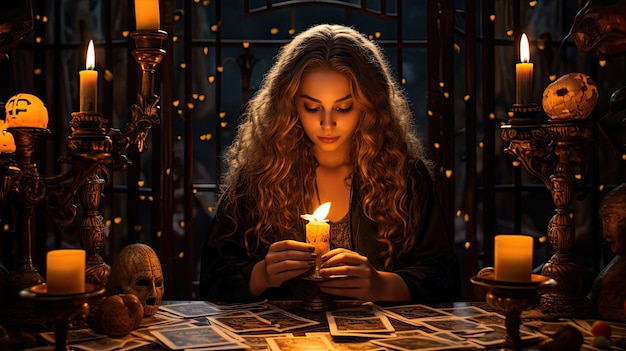 uma mulher segura uma vela em frente a uma mesa com uma vela no meio.