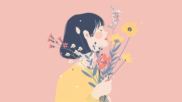 uma mulher segurando flores e um cartaz para uma revista chamada o artista