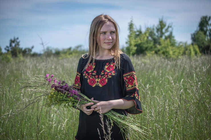 Foto uma mulher segurando flores em um campo com árvores no fundo