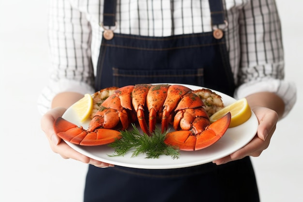 uma mulher segurando lagostas em um prato com um prato de lagostas