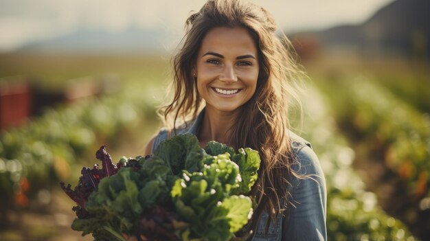 Uma mulher segurando legumes em um campo